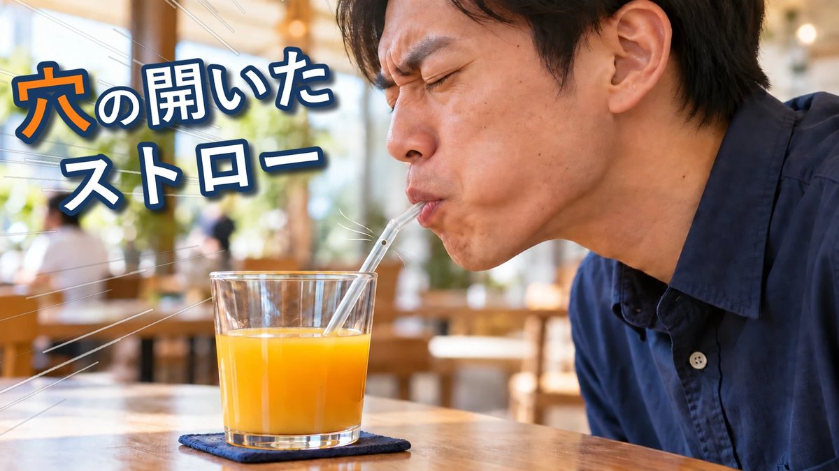 必死にストローを吸う男性。ストローに穴が開いていてジュースが上がってこない